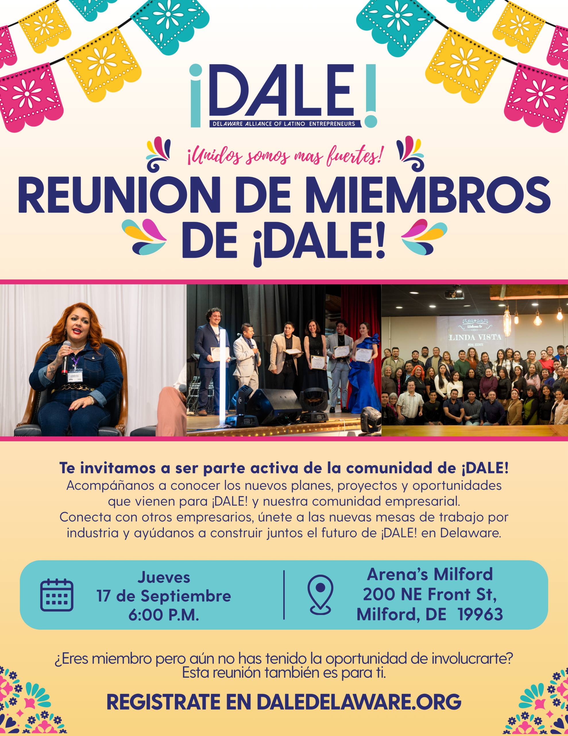Banner for a DALE event announcing 'Reunion de Miembros de DALE' with people on stage in a festive banner.
