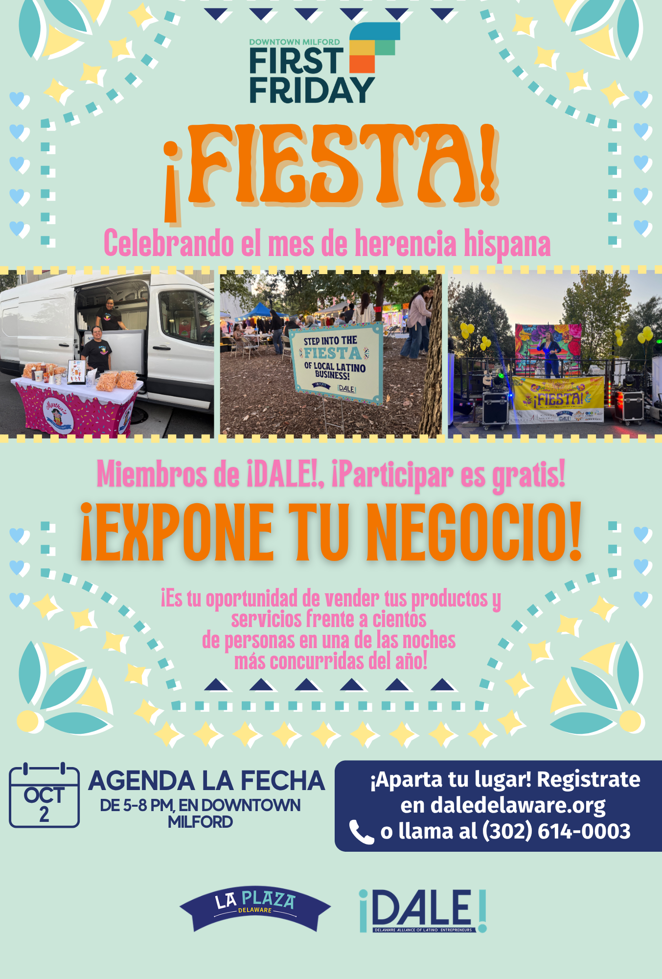Poster advertising Fiesta event with iFiesta theme, featuring event logos, Spanish tagline, and three photos of vendors, a market sign, and a stage performance.
