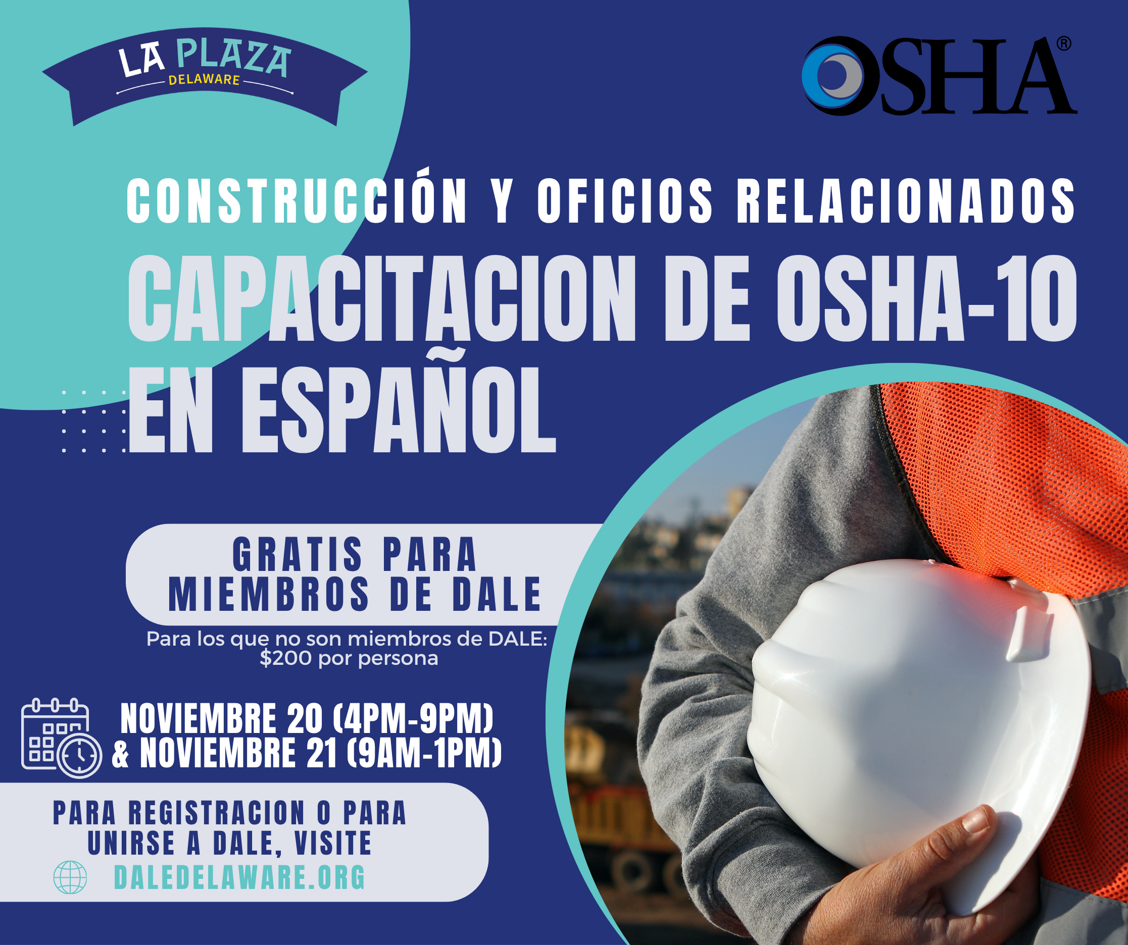 Cartel promocional en español sobre capacitación OSHA-10 para construcción y oficios, con casco y logos visibles