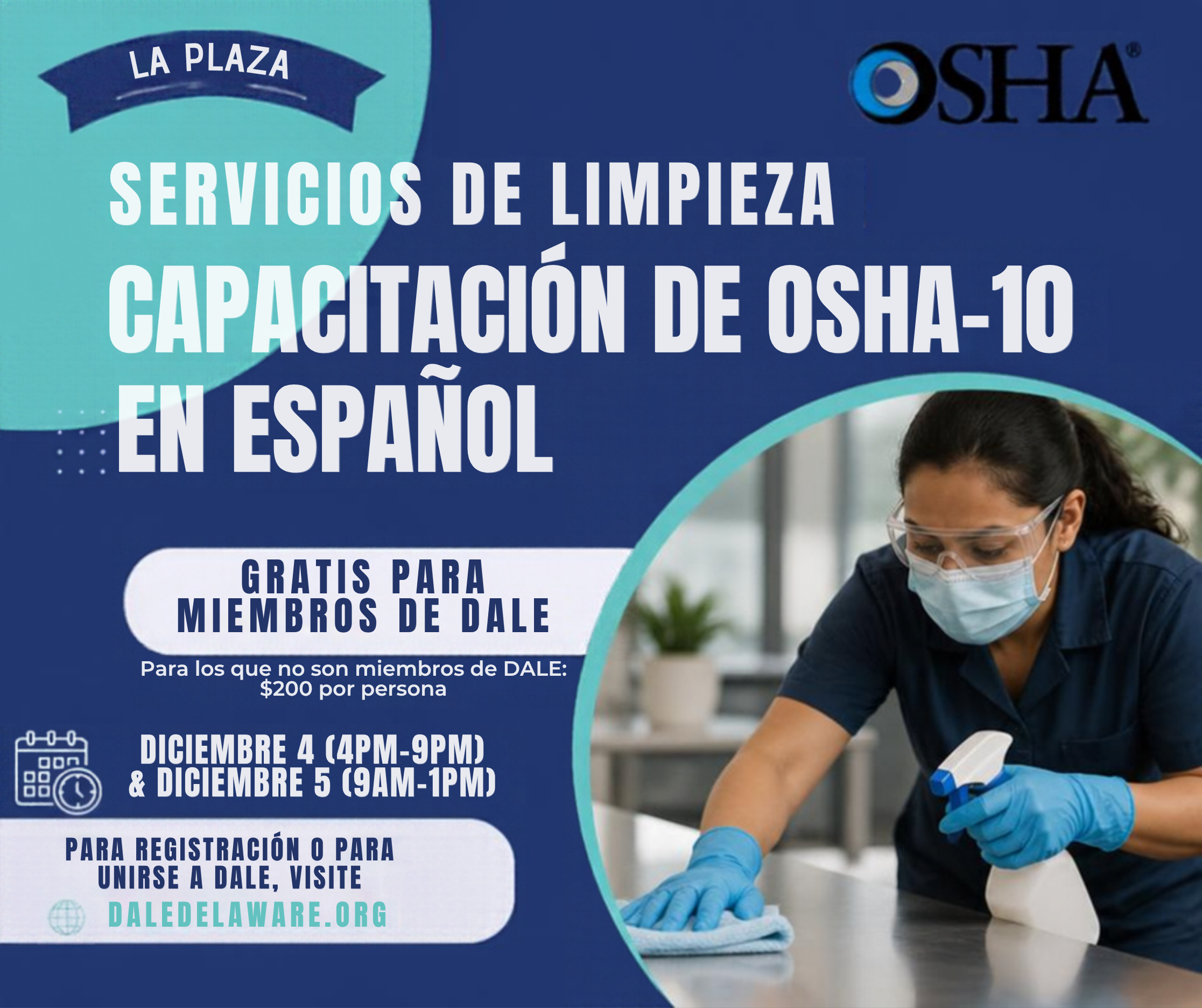 Cartel promocional en español para la capacitación OSH 10, con una trabajadora usando mascarilla y guantes en un banco de laboratorio con texto grande.