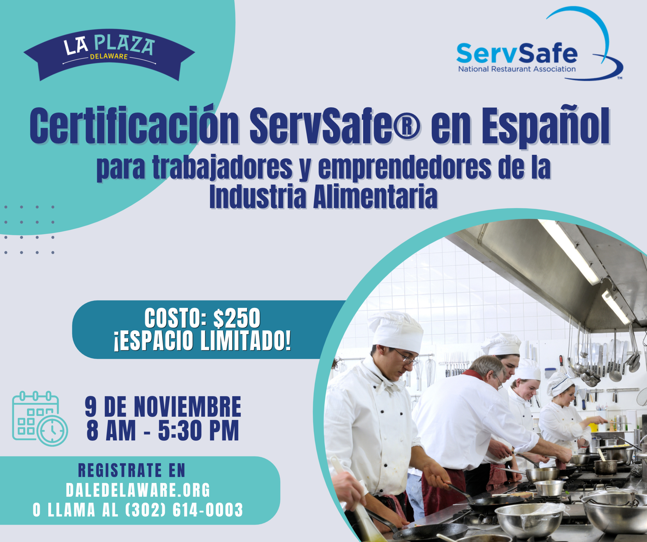 ServSafe & OSHA flyer Banner promoting ServSafe Certification in Spanish for food industry workers; includes logos.